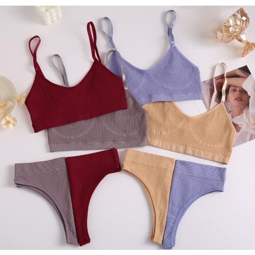 2PCS Bra Set Women Sexy Bralette Sexy Female Underwear Lingerie Ribbed Tops Girls Fashion Brassiere Basic Stretchy Tank Crop Top