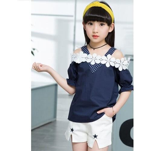 Lace crochet flowers girls clothing sets 10 14 8 6 12 11 years summer 2018 clothes girls clothing sets kids blouses shorts sets
