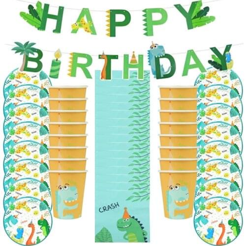 49pcs dinosaur theme disposable tableware set cups plate paper towel pull flag boy happy birthday party supplies baby shower gif