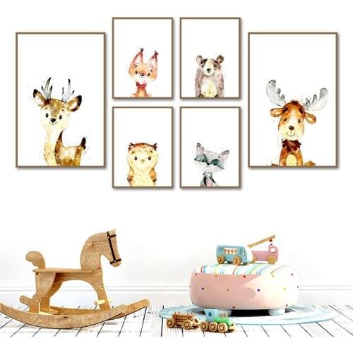 Watercolor Deer Owl Fox Bear Raccoon Animal Wall Art Canvas Painting Nordic Posters And Prints Wall Pictures Kids Room Decor