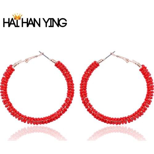 New fashion womens handmade bead ring earrings Europe and the United States popular round hanging earrings red wedding earrings