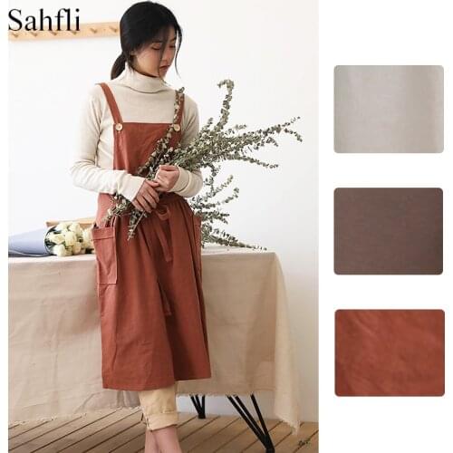 Solid Color Sleeveless Apron Dress for Women Buttons Design Home Kitchen Flower Shop Cotton Adult Lady Bib Aprons with 2 Pockets