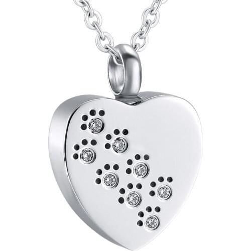 Funeral Heart Keepsake Paw Print with Crystal in My Heart Pet Cremation Pendant Dog Urn Necklace Memorial Ashes Urn Jewelry