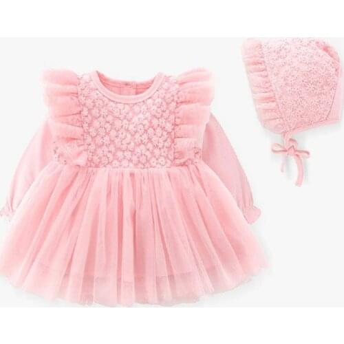 Baby Girls Dress Birthday Party Clothes For Girls 0-12M Pink Newborns Tulle Dress 2Pcs Ruffles Outfits Hat Set Infant Dress Fall