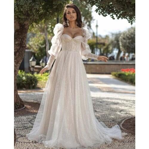 2022 Simple but Elegant Sweetheart Bling A Line Floor Length Summer Wedding Dresses with Long Sleeve