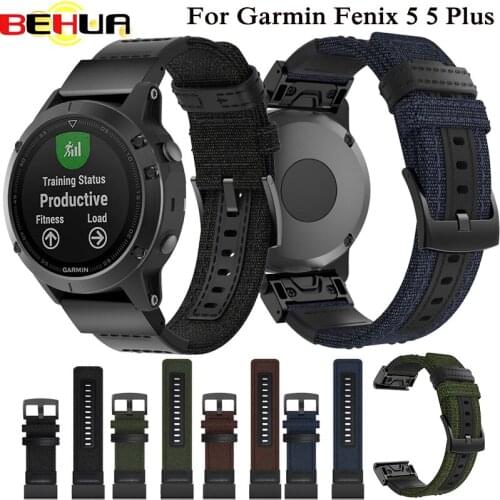 Quick Release Easy Fit Watch Band for Garmin Fenix 5 5 Plus Quatix 5 Woven Nylon Genuine Leather Bracelet Sport 22mm Wrist Strap