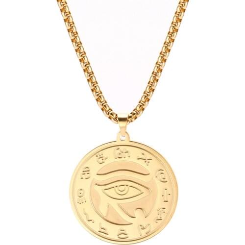 Skyrim Religious Egyptian Eye of Ra Horus Udjat Pendant Necklace Talisman Wicca Amulet Viking Stainless Steel Long Necklaces Men