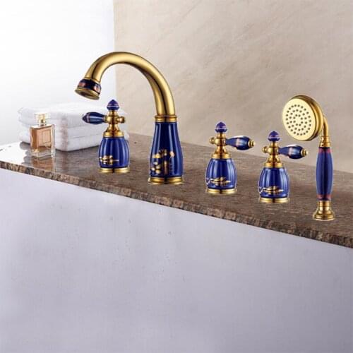 New brass Golden and porcelain 5 pcs Deck-Mounted bathroom bathtub faucet set with shower head Tub Filler Faucet Mixer Tap