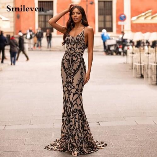 Smileven Lace Mermaid Evening Dresses Spaghetti Strap V-Neck Sequined Lace Formal Dresses Women Elegant Party Gowns