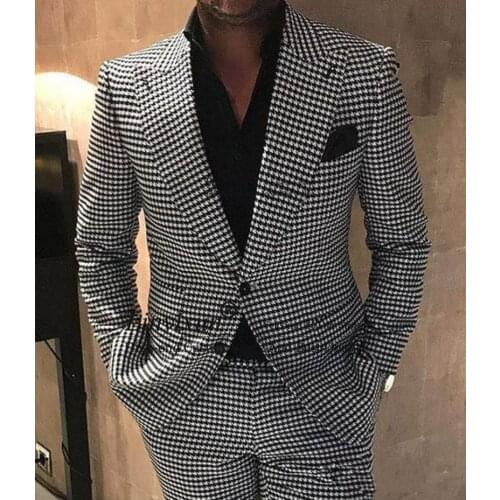 Houndstooth Groom Tuxedos Peak Lapel Men Wedding Tuxedo Fashion Men Jacket Blazer Men Prom Dinner/Darty Suit(Jacket+Pants)