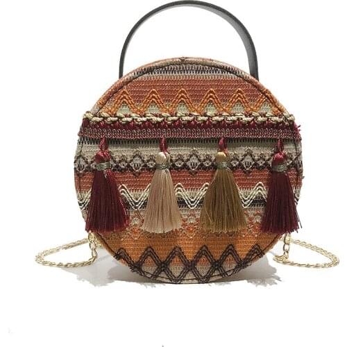 Woven Rattan Bag Round Straw Shoulder Bag Small Beach HandBags Women Summer Hollow Handmade Messenger Crossbody Bags