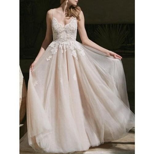 Champagne Wedding Dress for Bride A Line Appliques Tulle Spaghetti Strap V Neck Wedding Bridal Gowns Robe De Soirée De Mariage