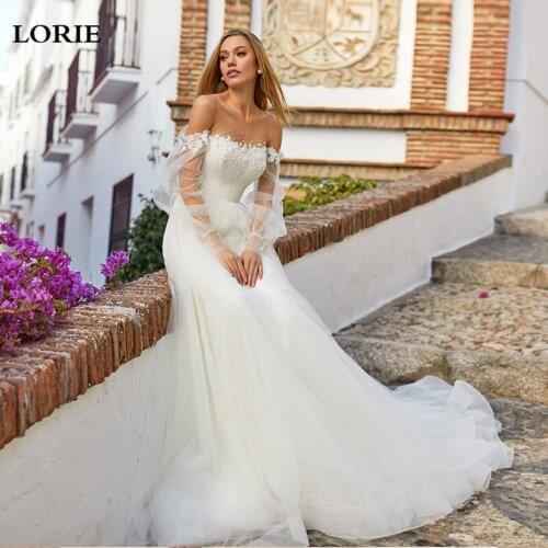 LORIE 2021 Wedding Dresses Elegant Lace Puffy Sleeve Nude Mesh Lace Bridal Gowns Open Back Simple Princess Party Dress