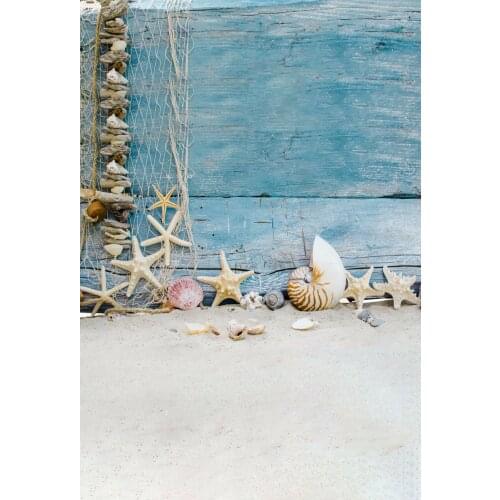 VinylBDS Blue Wood Backgrounds For Photo Studio Children Photo Backdrops With Starfish Shell Beach Photography Backdrop Studio