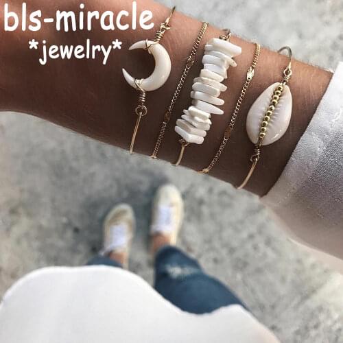 YC-UPGO Boho Stone Beads Shell Bracelets & Bangles For Women Bohemian Adjustable Multiple Layers Gold Bracelet Set Jewelry
