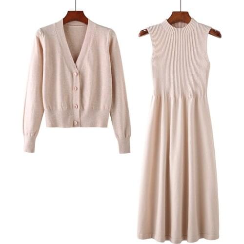 Women Two Pieces Set Knitted Dress Pleated Long Sleeve New Autumn Big Elasticity Skinny Body Family Home Lady Casual Two Piece