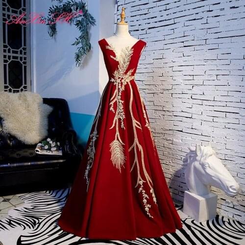 AnXin SH princess wine red satin golden flower party fashion illusion v neck beading crystal sleeveless a line evening dress
