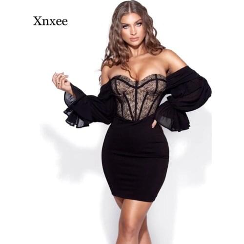 2021 Summer Women Off Shoulder Strapless Mini Dress Patchwork Bodycon Lace Fashion Puff Sleeve Slim High Street Party Dresses