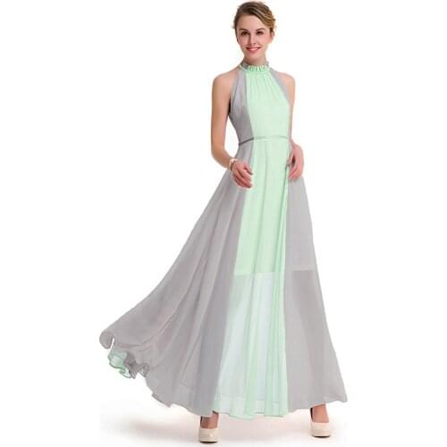 Women Summer Bohemian Dress Chiffon Elegant Beach Dress Sleeveless One Shoulder Big Ankle Length Dress