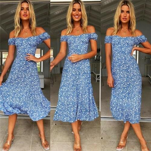 2020 Women Summer Beach Dress Sexy Off Shoulder Boho Blue Floral Tunic Long Dress Womens Casual Sundress Loose Dresses