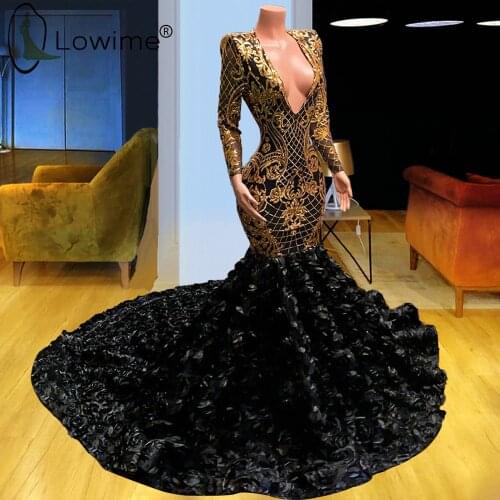 African Black Girl Long Sleeve Mermaid Evening Dresses 2021 Sexy Deep V Neck Rose Flowers Lace Prom Party Formal Women Gowns
