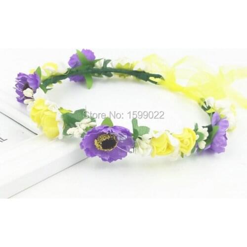 Bohemia Handmade Cherry Blossom Flower Girl Flower Crown with Ribbon Bridal Headpiece Wedding DIY Hair Accessories Purple Yellow