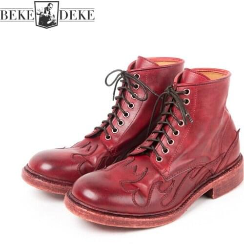 Italy Vintage 100% Genuine Leather Boots Men High Quality Handmade Cow Leather Designer Shoes Plus Size 45 Red Cowboy Boots Men