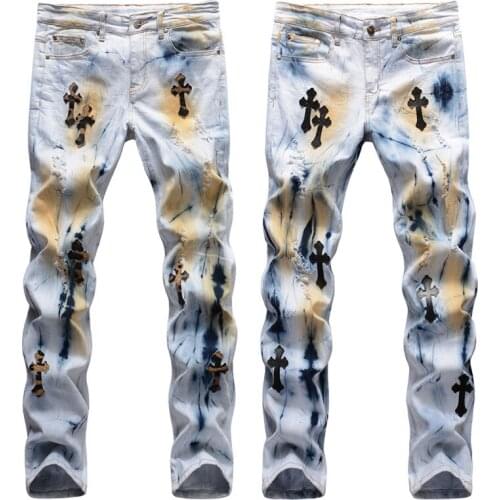 Hand-painted Paint Black Leopard Grain Leather Cross Elasticity High Street Stretch Jeans Slim Hole Small Straight Denim Jeans
