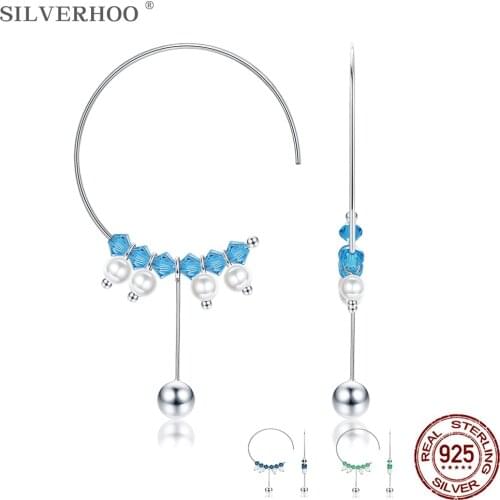 SILVERHOO 925 Sterling Silver Round Beads Earrings Dangle Colorful Geometry Square Austria Crystal Hoop Earrings Women Jewelry