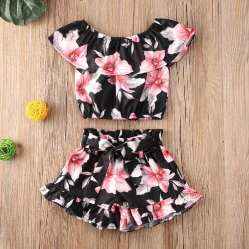 Summer 2PCS Toddler Kids Baby Girls Fashion Off Shoulder Sleeveless Floral Print Top + Bodysuit Shorts Outfits