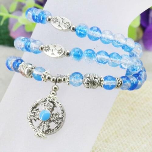 Multicolor Fashion Blue 3Rows Glass Beads Crystal Bracelet Bangles Hand Chain 6mm Jewelry making design For Women Girls Gifts