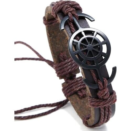 Fashion Vintage Men Women Black Leather Bracelet Rudder Charm Wax Cord Bangle Wrap Wristbands Retro Handmade Casual Punk Jewelry