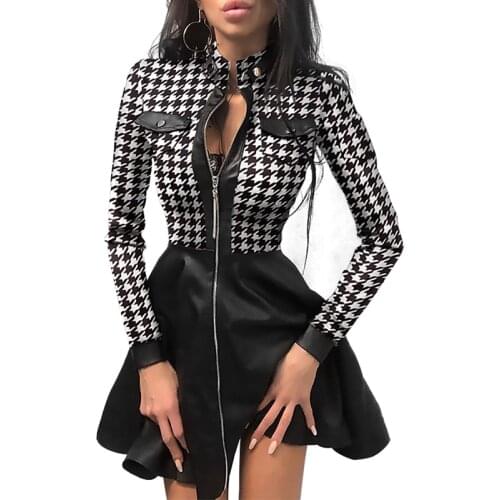 Zipper Contrast Color Stand Collar Pocket Patchwork Long Sleeve Dress Women Elegant Slim High Waist Plus Size Ladies Dresses