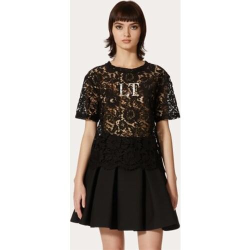 2021 spring and summer new round neck letter printing perspective hollow lace hierarchical short-sleeved T-shirt all-match top