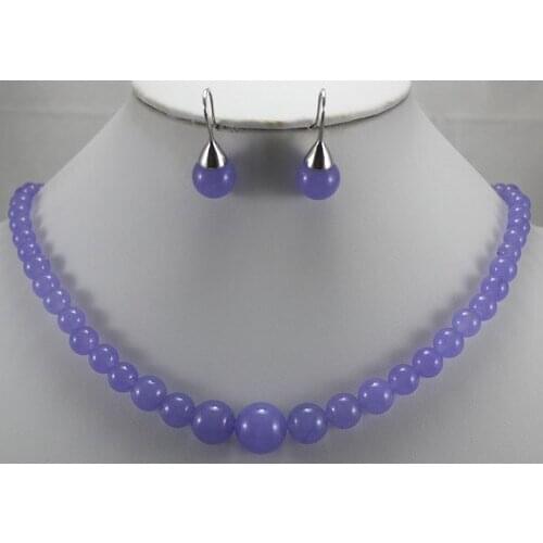 Wholesale noble 6-12mm 18" purple Natural jade bead necklace & stud earrings jewelry set 005