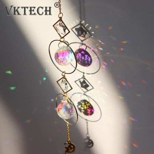 Crystal Wind Chime Star Moon Pendant Sun Plated Colorful Beads Hanging Drop for Outdoor Indoor Garden Geometric