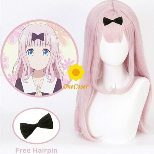 Kaguya-sama:Love is War Fujiwara Chika Cosplay Pink Long Wig with Bowknot Hairpin Heat-resistant Fiber Hair + Wig Cap Party