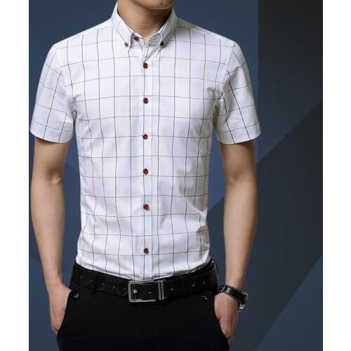 2021 Summer Mens Short Sleeve Cotton Polyester Social Shirts Fashion Plaid Checked Shirt for Men Button Up Shirt Plus Size 5XL