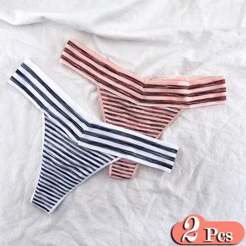 2Pcs/Lot Simple Stripe Soft Low Waist Underwear For Women High Sports String Seamless Briefs Sexy Fitness Girl Panties Set