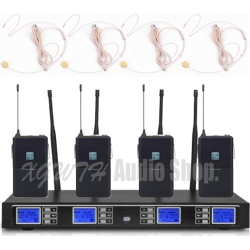 UHF 4 Channels Wireless Microphone System with 4 Bodypack Transmitter 4 Headset Microfone 1 Receiver Audio Cable Power Adapter