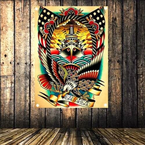Dead Ahead Vintage Banners Flag Canvas Painting American Neo Traditional Tattoo Gun Art Posters Tapestry 4 Gromments in Corners