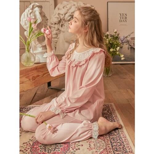 Vintage Soft Cotton Womens Pajamas Sets Spring Autumn Long Sleeve White Lace Night Suits Comfortable Girls Nightwear