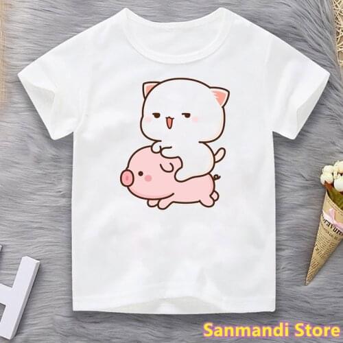Funny Kids Clothes Peach Cat Riding Pig Cartoon Print Tshirt Girls/Boys Kawaii Children Clothing Harajuku Shirt Tumblr Tops Tee