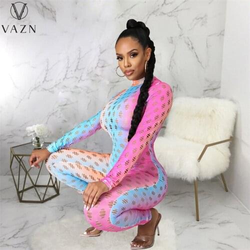 VAZN New 2021 Colorful Holiday Deep V-neck Punk Style Fashion Lady Beach Style Jumpsuit Sexy Holiday Shinny Jumpsuits