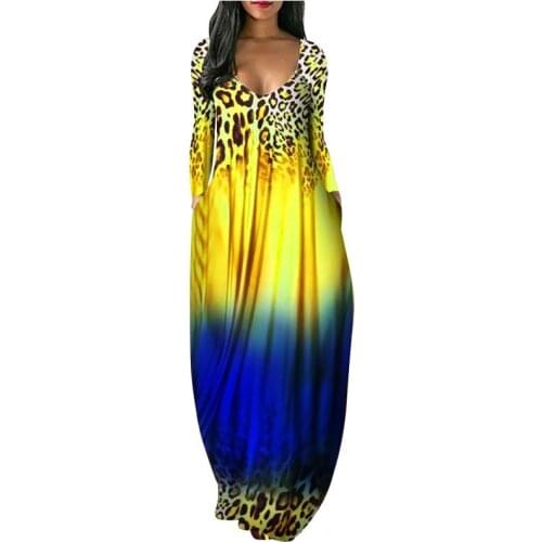 Gradient Color Plus Size Womens Dress Sexy Leopard Print Fashion Print V-Neck Long Dress