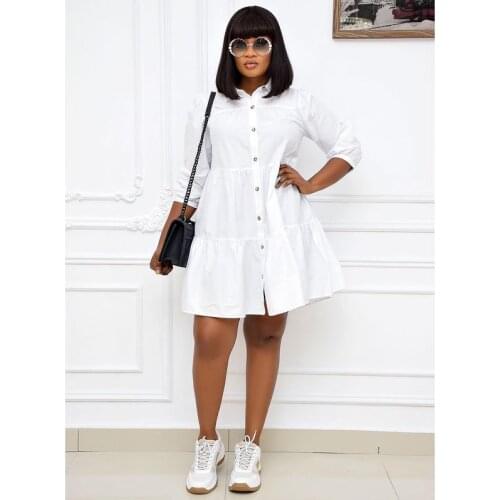 Echoine Women White Shirts Mini Dresses Three Quarter Loose Button Up Office Ladies Elegant Work Wear African Female Fashion