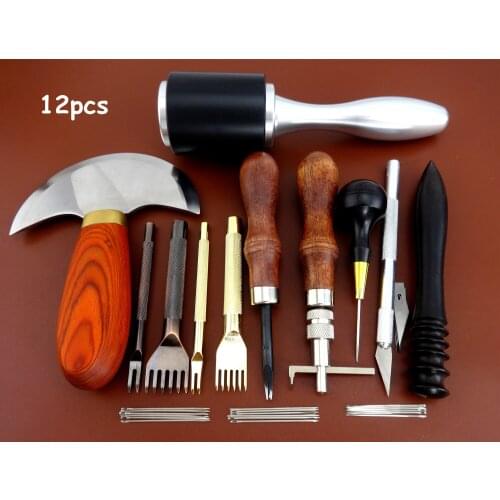12pcs Leather Craft Edger Beveler Skiver Slicker Burnisher Groover Awl Chisel Tool Set - Sewing Stitching Carving Stamping Knife