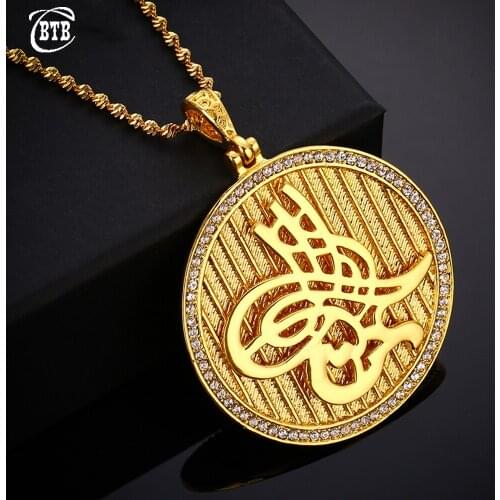 Middle East Islamic Muslim Gold Round Crystal 45mm Pendant Women Charm Necklace Luxury Jewelry Arabian Gifts Unfading