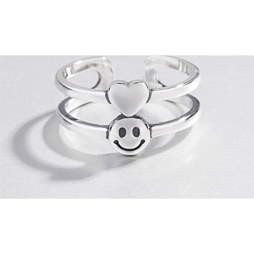 Sole Memory Double Layer Heart Smile Happy Smiley 925 Sterling Silver Female Resizable Opening Rings SRI556