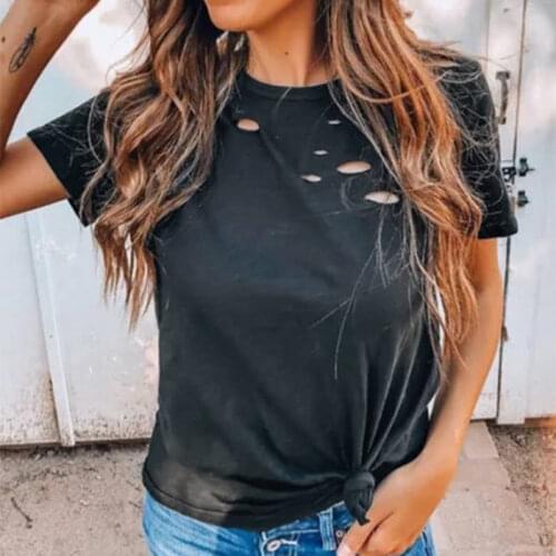 Summer Cotton Womens T-Shirt Round Collar Short Sleeve Pullover Solid Loose Hollow Out Fashion Streetwear T-Shirt